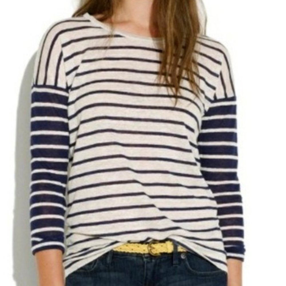Madewell linen navy/cream striped long sleeve top